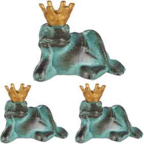 3 x Gartenfigur Froschkönig, wetterfest, liegender Frosch, mit Krone, Dekofigur, Balkon, Gusseisen, Größe m, grün