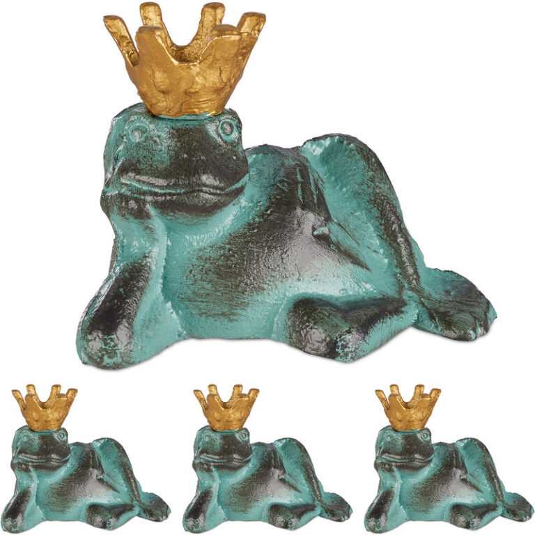 4 x Gartenfigur Froschkönig, wetterfest, liegender Frosch, mit Krone, Dekofigur, Balkon, Gusseisen, Größe m, grün