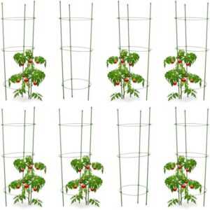 8x Rankhilfe Tomaten im Set, Höhenverstellbare Ringe, Pflanzstäbe, Balkon, Beet, Kunststoff, 76 cm lang, Grün