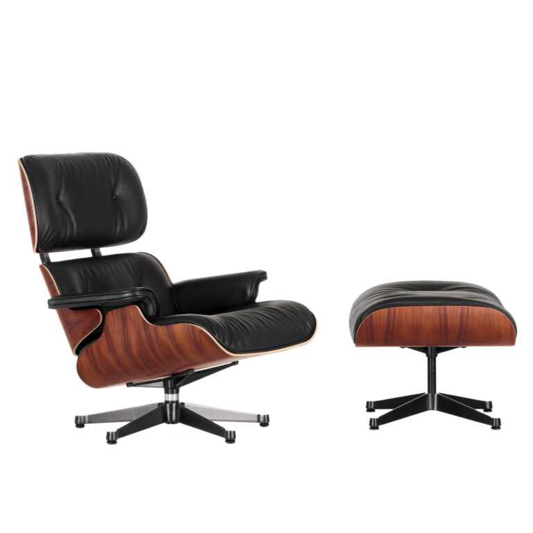Lounge Chair & Ottoman, Schale santos palisander, Lederbezug premium f braun 77, Untergestell poliert / seiten schwarz, Gleiter basic dark für hart...