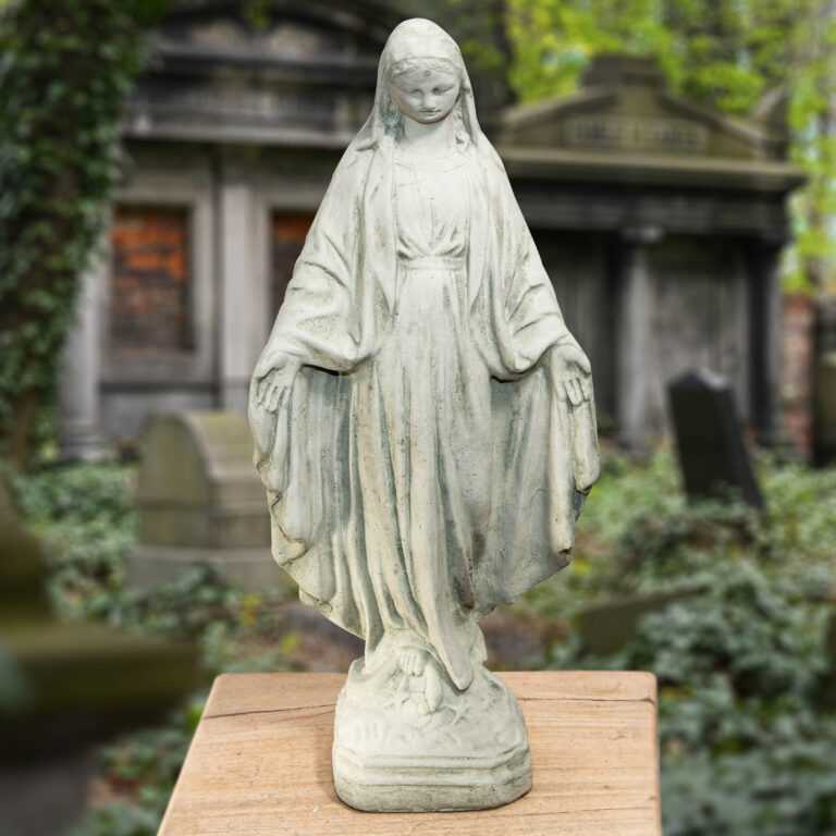 Madonnaskulptur, Maria Statue aus Steinguss, Marien-Skulptur in Antik-Weiss