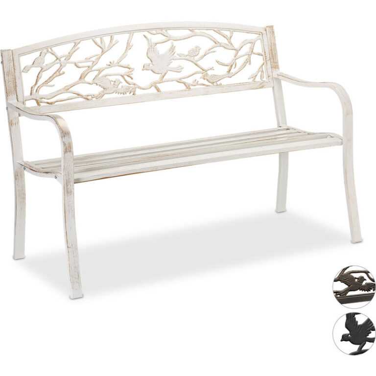 Relaxdays - Gartenbank, Vögel Muster, 2-Sitzer, Vintage, Garten & Balkon, Stahl, Sitzbank, hbt: 87x127x57 cm, weiß/bronze