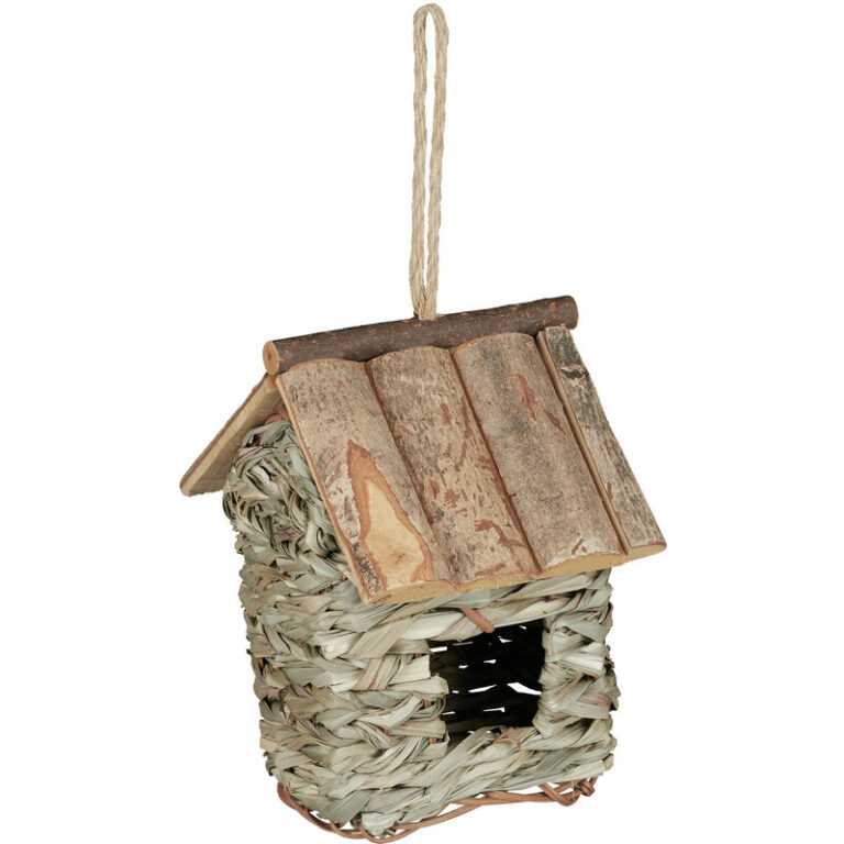 Relaxdays - Vogelhaus zur Dekoration, aus Holz, Rinde u. Stroh, zum Aufhängen, Balkon & Garten, hbt: 20x13,5x16cm, natur