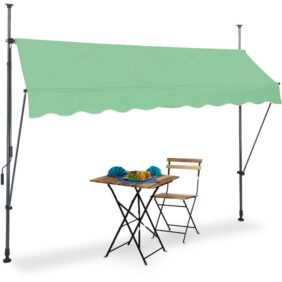 Klemmmarkise, 250 cm breit, höhenverstellbar, ohne Bohren, UV-beständig, Sonnenschutz Balkon, grün/grau - Relaxdays