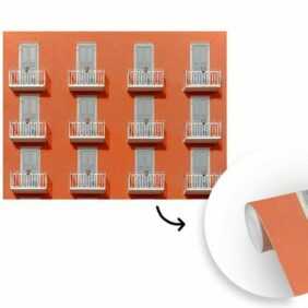 MuchoWow Fototapete Tür - Balkon - Architektur - Palme - Orange, Matt, bedruckt, (5 St), Montagefertig Vinyl Tapete für Wohnzimmer, Wandtapete