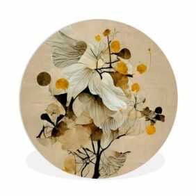 MuchoWow Gemälde Blumen - Pflanzen - Gold - Vintage, (1 St), Rundes wandbild für Wohnzimmer, Wandkreis, Wandschmuck, 90x90 cm