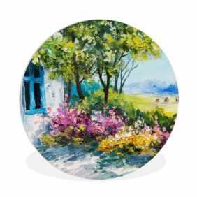 MuchoWow Gemälde Malerei - Pflanzen - Blumen - Haus - Öl, (1 St), Rundes wandbild für Wohnzimmer, Wandkreis, Wandschmuck, 90x90 cm