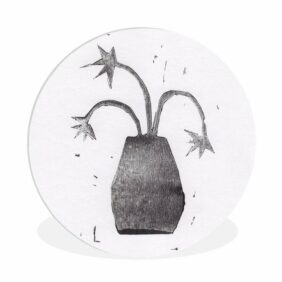 MuchoWow Gemälde Pflanze - Vase - Schwarz - Weiß - Blume, (1 St), Rundes wandbild für Wohnzimmer, Wandkreis, Wandschmuck, 90x90 cm