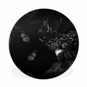 MuchoWow Gemälde Schmetterlinge - Pflanzen - Dschungel - Schwarz - Weiß, (1 St), Rundes wandbild für Wohnzimmer, Wandkreis, Wandschmuck, 90x90 cm