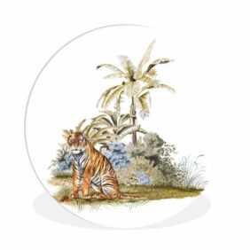 MuchoWow Gemälde Tiger - Pflanzen - Malerei, (1 St), Rundes wandbild für Wohnzimmer, Wandkreis, Wandschmuck, 90x90 cm