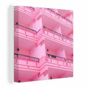 OneMillionCanvasses® Leinwandbild Balkon - Sommer - Rosa - Architektur, (1 St), Leinwand Bilder für Wohnzimmer Schlafzimmer