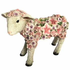 Online-Fuchs Gartenfigur süßes STEHEND Schaf mit Blumenkleid verziert Lamm Deko Tiere groß, Maße ca. 30x14x22 cm, Balkon, Terrasse