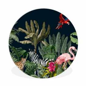 MuchoWow Gemälde Dschungel - Pflanzen - Tiere - Kinder - Flamingo - Zebra, (1 St), Rundes wandbild für Wohnzimmer, Wandkreis, Wandschmuck, 90x90 cm