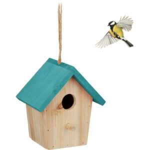 Relaxdays - Deko Vogelhaus, Holz, Vogelhäuschen zum Aufhängen, hbt: 16 x 15 x 11 cm, Vogelvilla Garten, Balkon, natur/blau