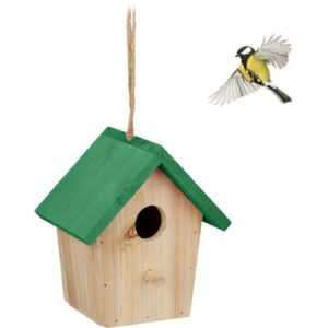 Relaxdays - Deko Vogelhaus, Holz, Vogelhäuschen zum Aufhängen, hbt: 16 x 15 x 11 cm, Vogelvilla Garten, Balkon, natur/grün