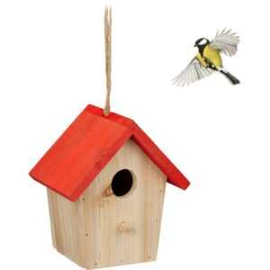 Relaxdays - Deko Vogelhaus, Holz, Vogelhäuschen zum Aufhängen, hbt: 16 x 15 x 11 cm, Vogelvilla Garten, Balkon, natur/rot