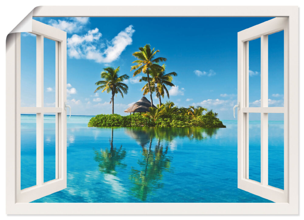 Artland Wandbild "Fensterblick Insel Palmen Meer", Fensterblick, (1 St.), als Leinwandbild, Wandaufkleber oder Poster in versch. Grössen