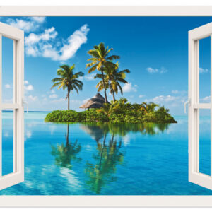 Artland Wandbild "Fensterblick Insel Palmen Meer", Fensterblick, (1 St.), als Leinwandbild, Wandaufkleber oder Poster in versch. Grössen