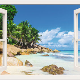 Artland Wandbild "Küste mit Palmen durchs Fenster", Karibikbilder, (1 St.), als Alubild, Leinwandbild, Wandaufkleber oder Poster in versch. Grössen