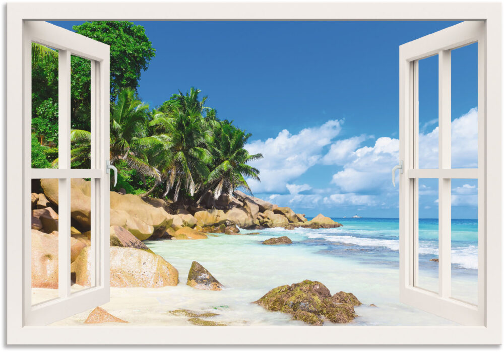 Artland Wandbild "Küste mit Palmen durchs Fenster", Karibikbilder, (1 St.), als Alubild, Leinwandbild, Wandaufkleber oder Poster in versch. Grössen