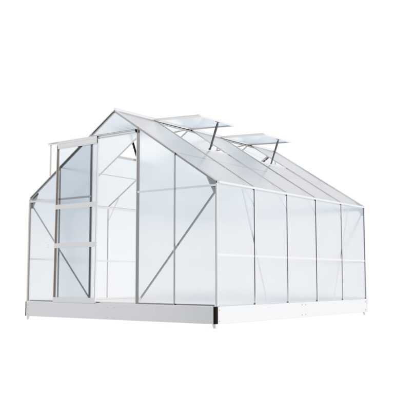 Gewächshaus ARONA Aluminium 6mm inkl. Fundament mit Dachfenster, Schiebetür, UV-Schutz