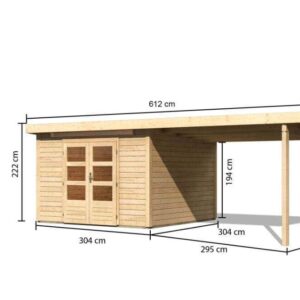 Karibu Woodfeeling Gartenhaus Kandern mit Anbaudach 3 m Breite Größe:B 592 x T 304 cm
