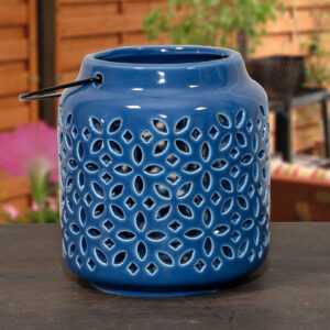 Windlicht aus dunkelblauem Keramik mit Tragebügel