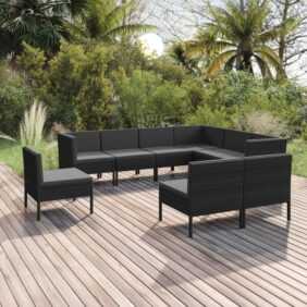 9-tlg. Garten-Lounge-Set Gartenmöbel Set Sitzgruppe Essgruppe mit Auflagen Poly Rattan Schwarz DE63256 - Schwarz