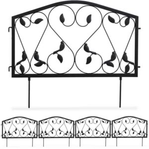 Beetzaun, 4-teilige Beetumrandung für Garten, Steckzaun Eisen, antik, Blätter Design, HxB 33 x 225 cm, schwarz - Relaxdays
