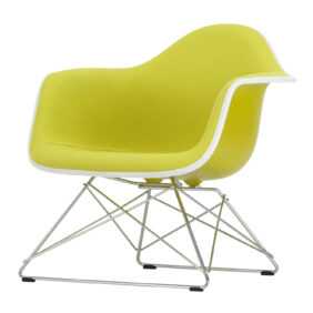 Eames Plastic Lounge Armchair RE LAR Vollpolster Sessel, Sitzschale RE kieselstein re, Stoff Hopsak F60 gelb/elfenbein, Keder weiss, Drahtuntergest...