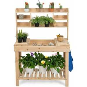 Goplus - Pflanztisch aus Holz, Gärtnertisch mit klappbarer Tischplatte, Gartentisch mit Ablagen & Haken, Blumentisch für Garten & & Balkon, 110 x 50