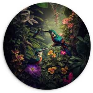 MuchoWow Gemälde Blumen - Vogel - Dschungel - Pflanzen, (1 St), Rundes wandbild für Wohnzimmer, Wandkreis, Wandschmuck, 90x90 cm