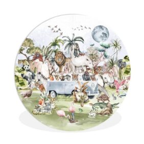 MuchoWow Gemälde Dschungel - Bus - Tiere - Kinder - Pflanzen, (1 St), Rundes wandbild für Wohnzimmer, Wandkreis, Wandschmuck, 90x90 cm
