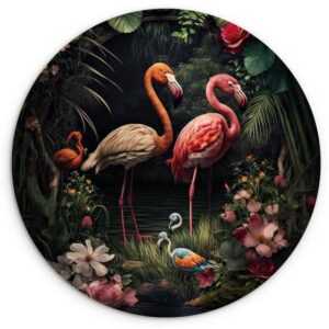 MuchoWow Gemälde Flamingo - Blumen - Pflanzen - Dschungel - Rosa, (1 St), Rundes wandbild für Wohnzimmer, Wandkreis, Wandschmuck, 90x90 cm