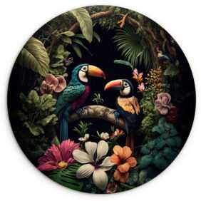 MuchoWow Gemälde Vogel - Blumen - Pflanzen - Dschungel - Schwarz - Tukan, (1 St), Rundes wandbild für Wohnzimmer, Wandkreis, Wandschmuck, 90x90 cm