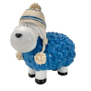 Online-Fuchs Gartenfigur Schaf mit Bommelmütze BLAU WEIß Tiere groß klein Deko Tierfiguren, für Garten, Terrasse, Balkon aber auch Innenbereich