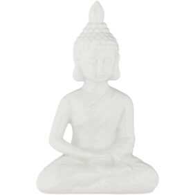 Relaxdays - Buddha Figur sitzend, 18 cm hoch, Garten-Dekofigur, wetterfest & frostsicher, Dekoskulptur Wohnzimmer, weiß