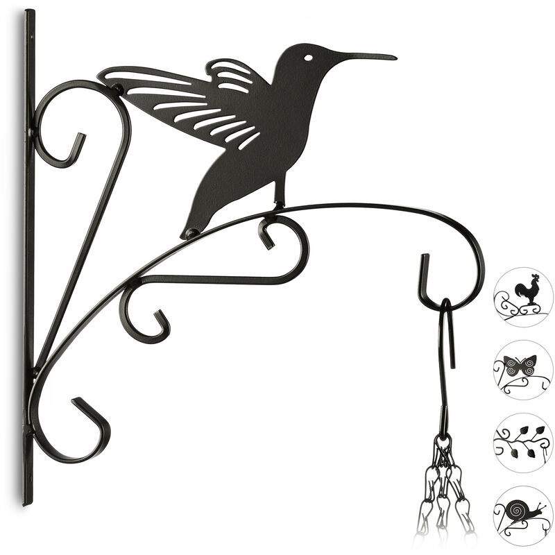 1 x Blumenhaken mit Vogel-Motiv, Blumenampelhalter für Wand, Topf, Garten-Deko Kolibri, HBT: 30 x 27,5 x 2 cm, schwarz