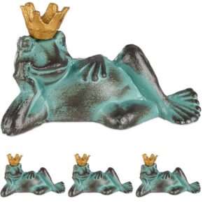 4 x Gartenfigur Froschkönig, wetterfest, liegender Frosch, mit Krone, Dekofigur, Balkon, Gusseisen, Größe L, grün