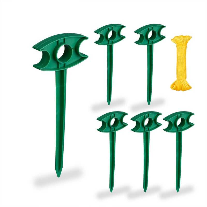 6 x Heringe mit Pflanzschnur, für Beetbegrenzung, Wasserschlauch, Mähroboter-Draht, Zelthering mit 15m Schnur, grün/gelb