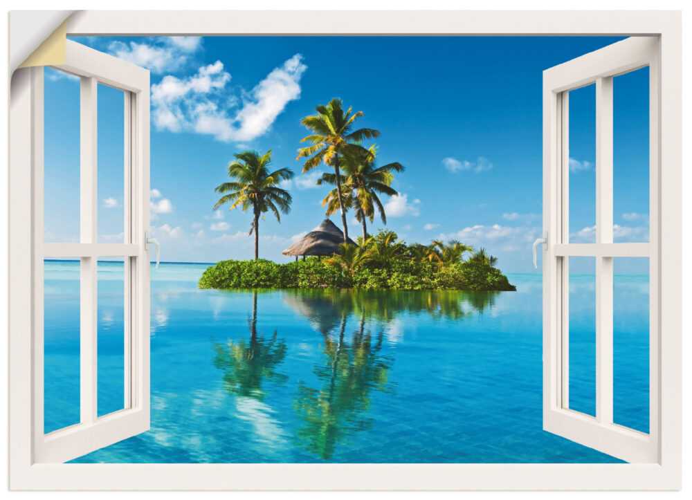 Artland Wandbild "Fensterblick Insel Palmen Meer", Fensterblick, (1 St.)