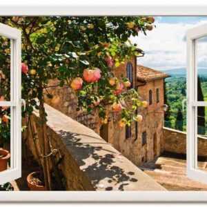 Artland Wandbild Fensterblick Rosen auf Balkon Toskana, Garten (1 St), als Alubild, Outdoorbild, Leinwandbild, Poster, Wandaufkleber