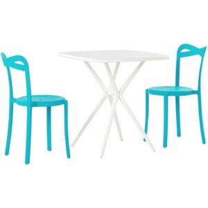 Bistroset Weiß / Blau aus Kunststoff Tisch Quadratisch mit 2 Stühlen Stapelbar Praktisch Klein Outdoor Terrasse Balkon Garten Möbel - Weiß