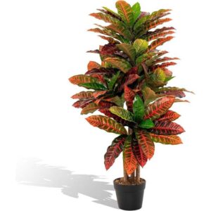 Costway - Kunstpflanze 100 cm, Künstliche Pflanze Kroton, Palmenbaum mit bunten Blättern & natürlicher Holzstamm, Kunstbaum im Topf, Tropische Palme