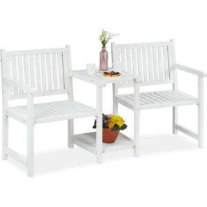 Gartenbank mit integriertem Tisch, 2-Sitzer, robuste Holz Sitzbank, hbt: 86x161x61 cm, Garten & Balkon, weiß - Relaxdays