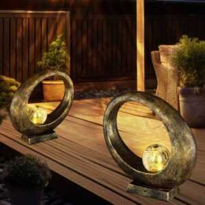 Gartendeko Solarlampe für Außen Deko Garten Tisch Solarleuchte für Balkon, Ringform Glaskugel Gold, LED warmweiß, LxH 32,5x32 cm, 2er Set