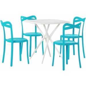 Gartenmöbel Set Weiß / Blau aus Kunststoff Tisch Quadratisch mit 4 Stühlen Stapelbar Praktisch Klein Outdoor Terrasse Balkon Garten Möbel - Weiß