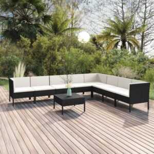 Maisonchic - 9-tlg. Garten-Lounge-Set Gartenmöbel Set Sitzgruppe Essgruppe mit Auflagen Poly Rattan Schwarz DE82725 - Schwarz