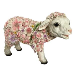 Online-Fuchs Gartenfigur süßes STEHEND Schaf mit Blumenkleid verziert Lamm Deko Tiere groß, Maße ca. 30x14x22 cm, Balkon, Terrasse