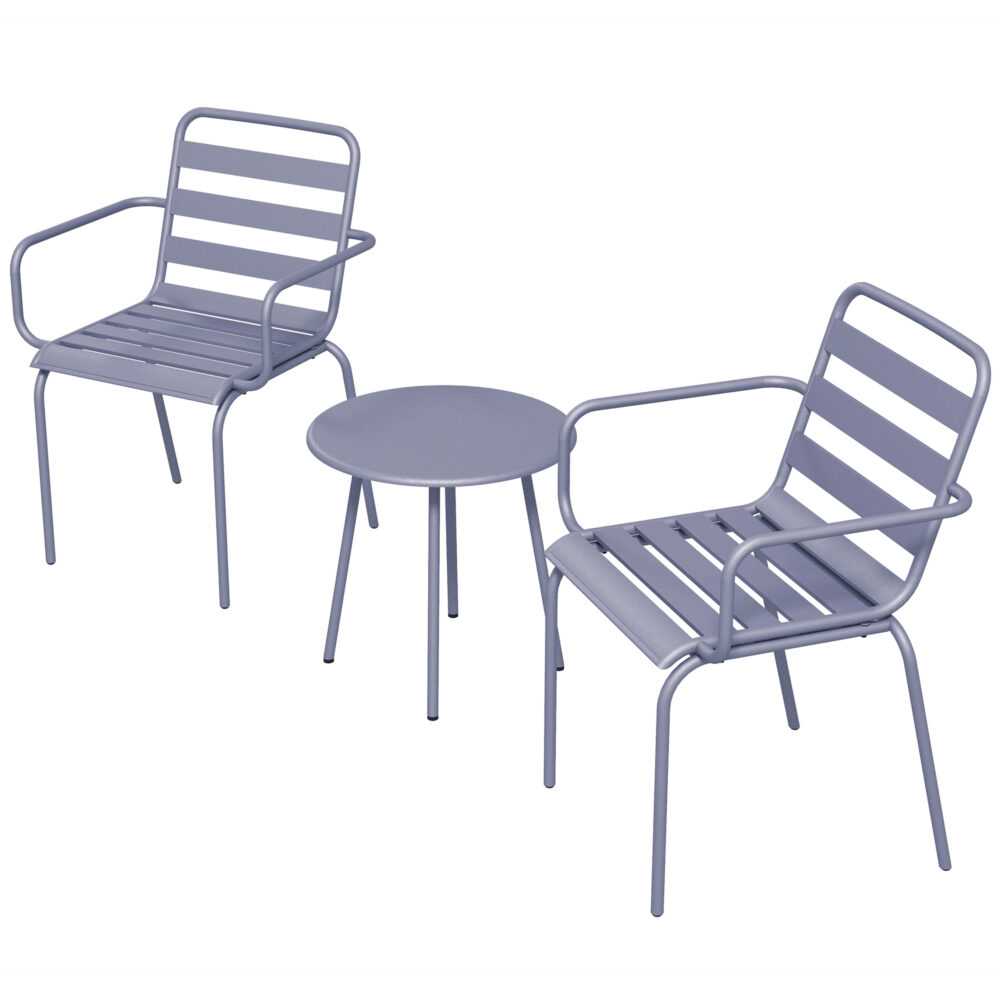 Outsunny 3tlg. Bistroset Gartenmöbel Set mit 1 Couchtisch, 2 Stapelbaren Stühlen, Balkon-Set, Sitzgruppe für Balkon, Terrasse, Stahl, Hellgrau